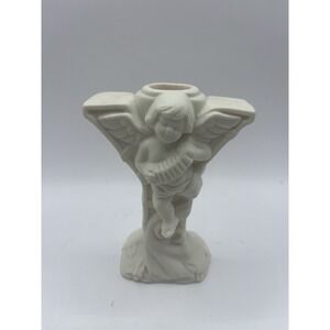 Bisque Joy Taper Candle Holder Set World Bazaar Christmas Angel Traditions